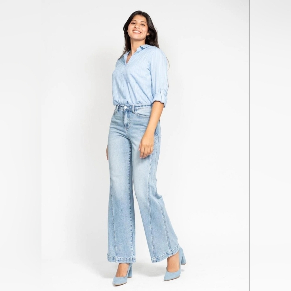 Judy Blue High Rise Medium Wash Retro Wide Leg Jeans Side Seam Detail 11/30 NEW